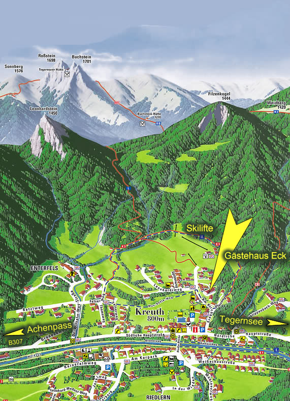 Ausschnitt aus der Ortskarte von Kreuth mit Kennzeichung der Lage des Gstehaus Eck und der Skilifte